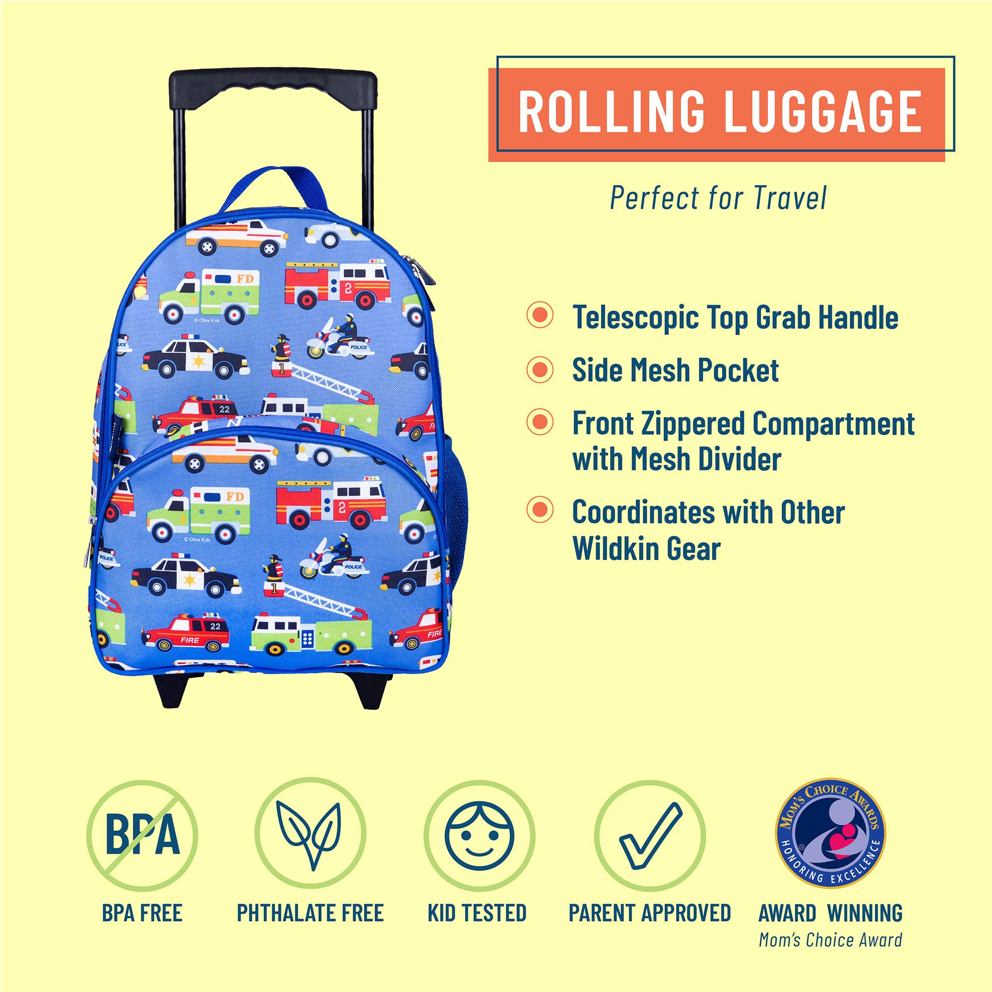 Wildkin Rolling Luggage Bundle with 14 Ounce Steel Reusable Water Bottle (Heroes)