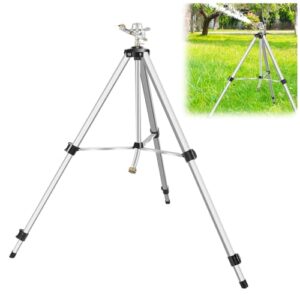 heavy duty impact sprinkler on tripod base, tripod sprinkler for yard large area, extra tall 360 degree rotating lawn sprinkler with brass nozzle, waters up to 90 ft,legs extend up to 50"