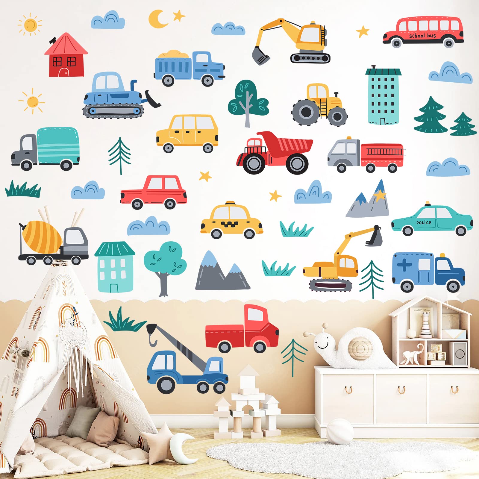 Car City Road Wall Decals Traffic Road Sign Enlightenment Wall Stickers for Playroom, Nursery, Boy Room, Bedroom, Classroom, Living Room.