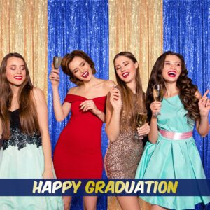 4 Panels Sequin Backdrop Curtain 2 ft x 8 ft, Backdrop Curtain for Party Sequin Backdrop Glitter Curtain for Congrats Grad Graduation Party Decorations, Birthday, Wedding (Blue, Gold)