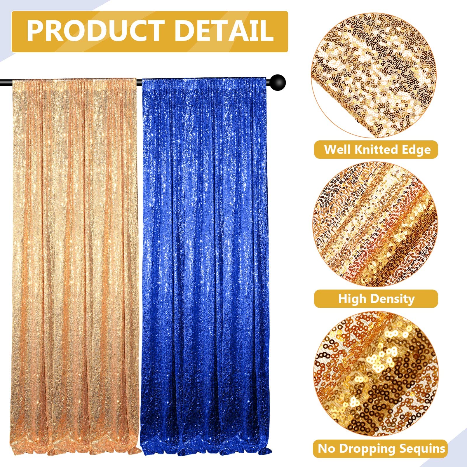 4 Panels Sequin Backdrop Curtain 2 ft x 8 ft, Backdrop Curtain for Party Sequin Backdrop Glitter Curtain for Congrats Grad Graduation Party Decorations, Birthday, Wedding (Blue, Gold)