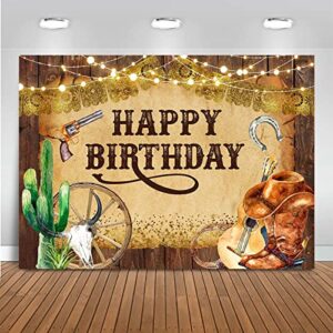 mocsicka western cowboy happy birthday backdrop rustic old west rodeo cowboy background brown rustic wood kids birthday party decoration banner cowboy party decorations (7x5ft (82x60 inch))