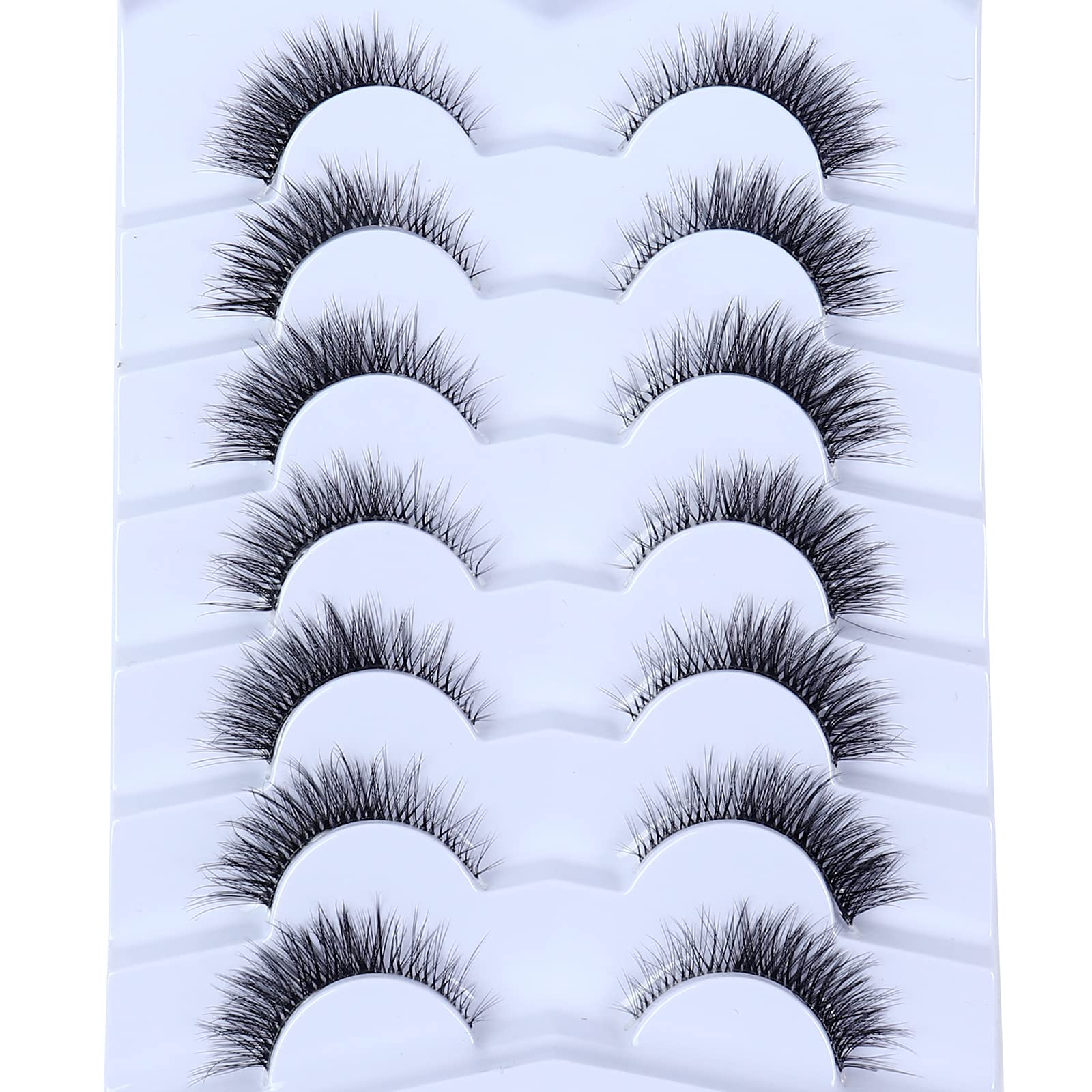 Wleec Beauty Lashes Cat Eye, Short False Eyelashes Natural Look with Clear Band, 12mm Wispy Eye Lashes Fluffy (7 Pairs, Black, CC95)