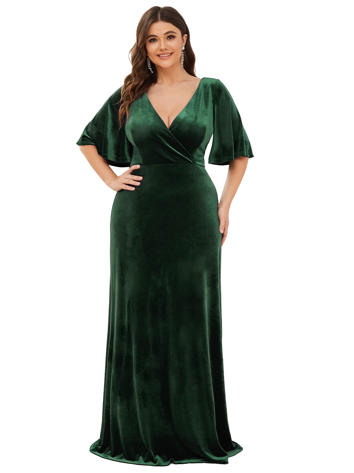 Ever-Pretty Women's Trumpet Short Sleeve Plus Size Velvet Formal Dinne Party Dress Dark Green US18