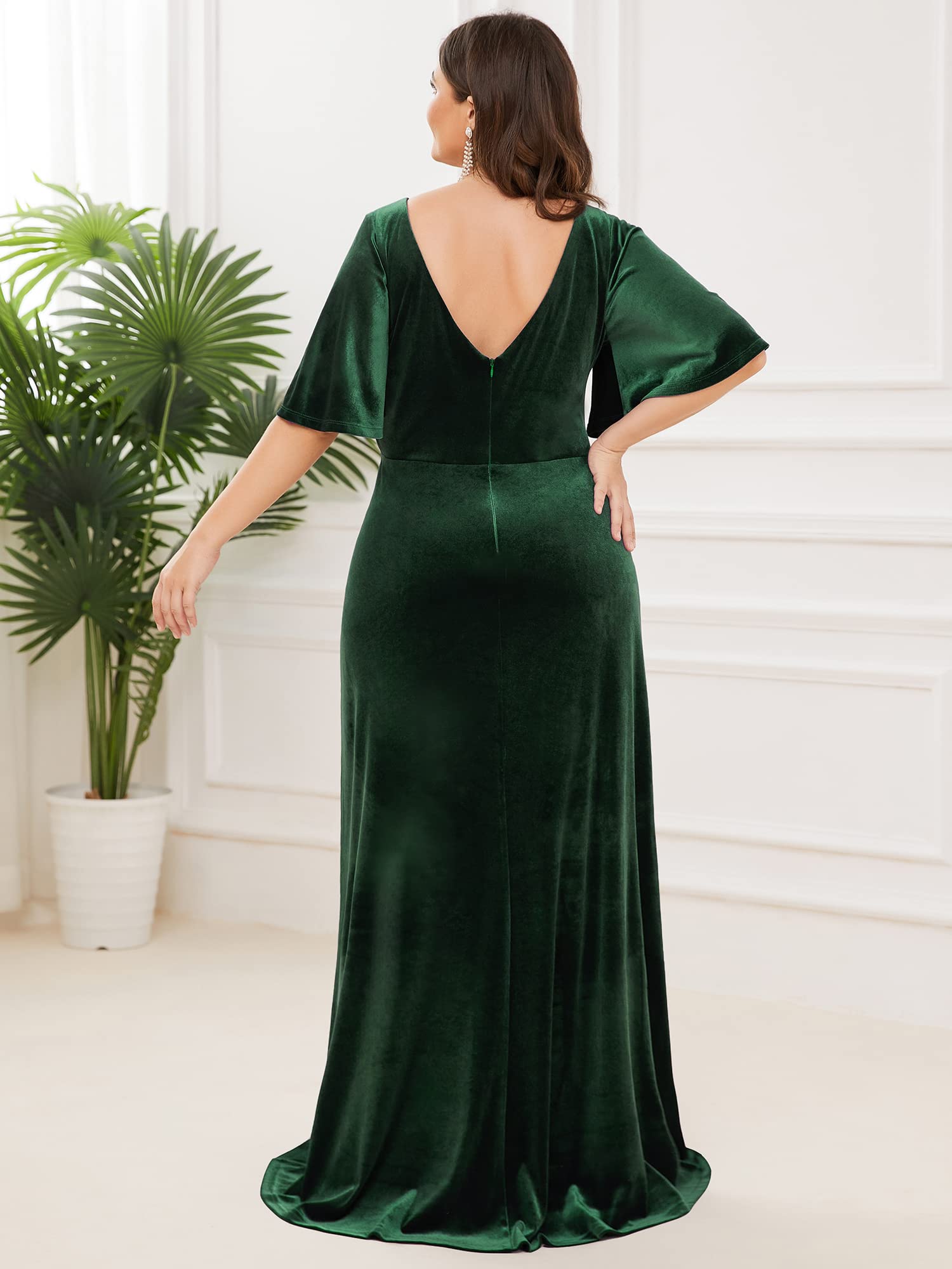 Ever-Pretty Women's Trumpet Short Sleeve Plus Size Velvet Formal Dinne Party Dress Dark Green US18