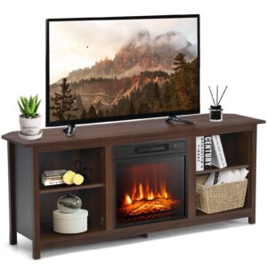 electric fireplace tv stand for 65 inch tv, 58 inch farmhouse entertainment center with 18" fireplace, 6h timer & remote control, 4 storage cabinet, brown