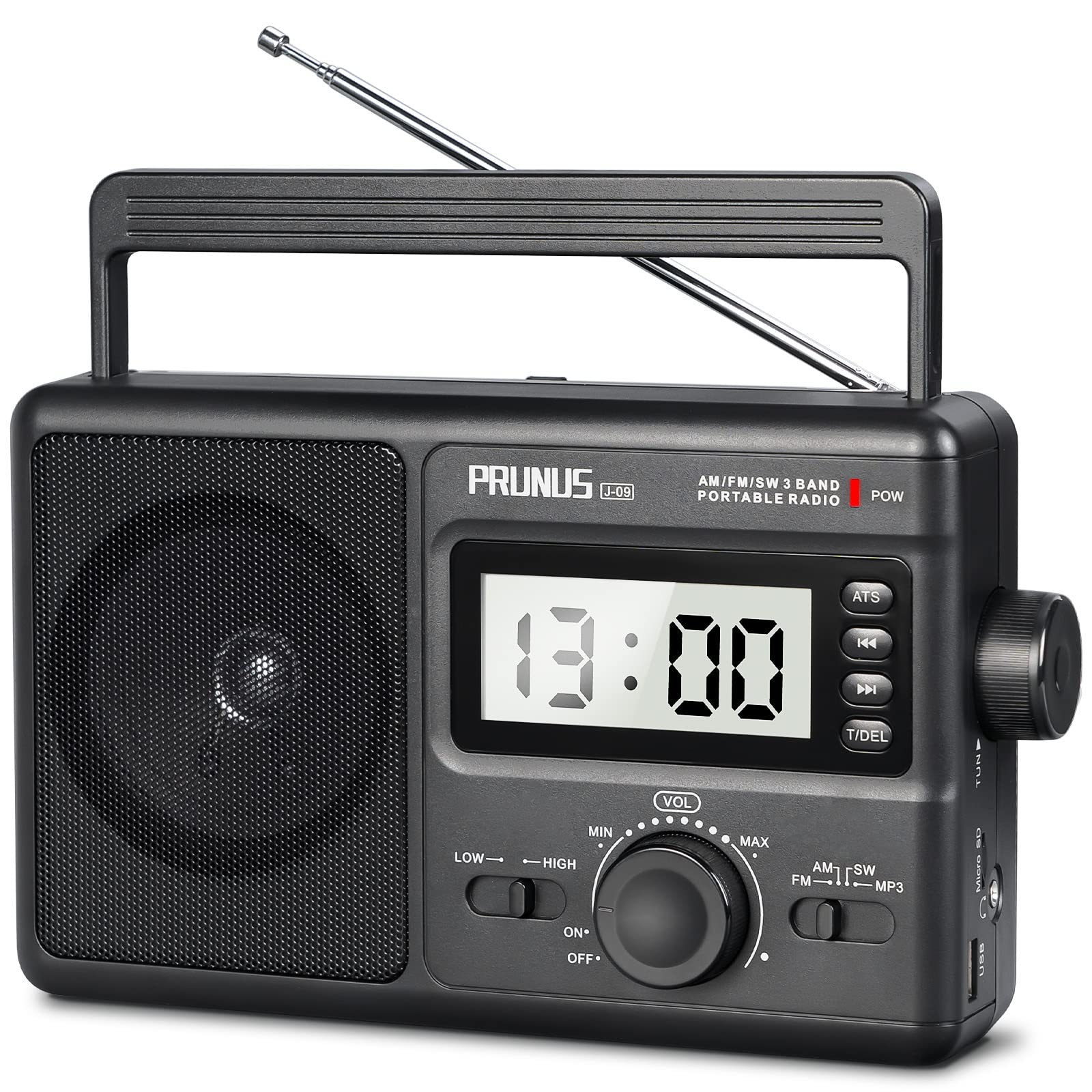 PRUNUS J09 Digital AM FM Portable Radio Shortwave, Bigger Screen for Elderly, AC/ 4 D Cell Batteries Powered,TF Card/USB Player, Time Setting, Earphone Jack, Auto Station Preset for Seniors/Hurricane