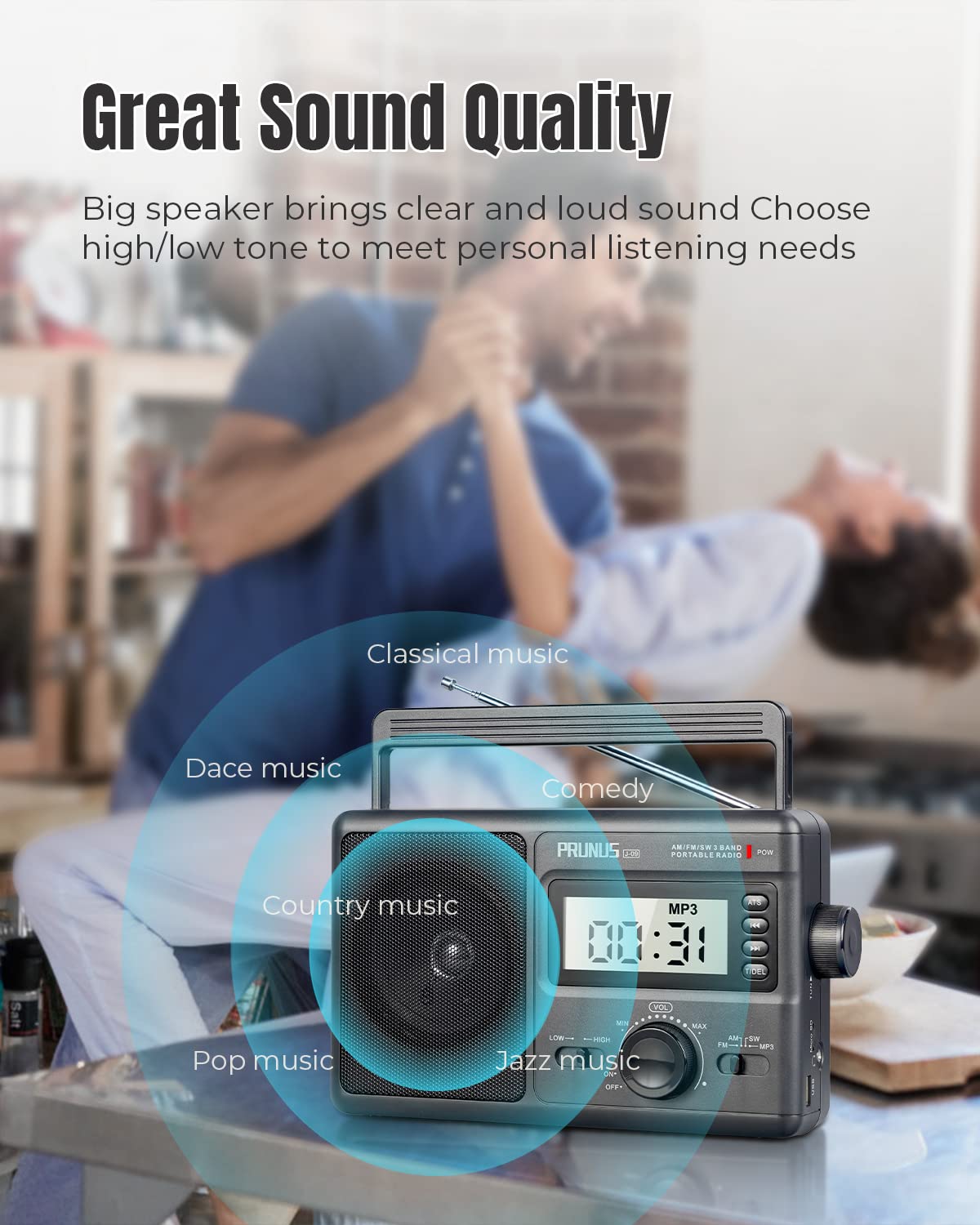 PRUNUS J09 Digital AM FM Portable Radio Shortwave, Bigger Screen for Elderly, AC/ 4 D Cell Batteries Powered,TF Card/USB Player, Time Setting, Earphone Jack, Auto Station Preset for Seniors/Hurricane