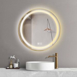 tissy round led vanity mirror with dimmable illuminated, anti-fog, color temperature adjustable 3000k-6000k, wall bathroom mirror with metal frame, housewarming gift, Ø20inch (color : gold, size : 3