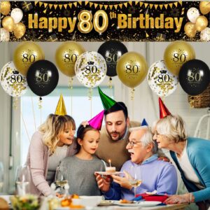 80th Birthday Decorations for Men Women Black and Gold, Black Gold Birthday Yard Banner Sign and 18 PCS 80th Happy Birthday Balloons for 80th Anniversary Birthday Party Supplies Outdoor Yard Decor