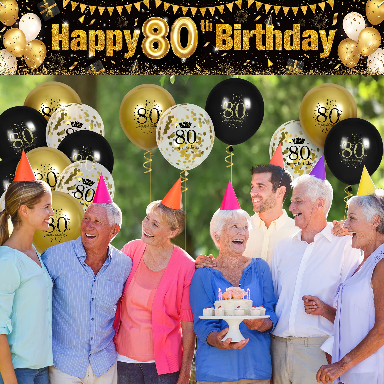 80th Birthday Decorations for Men Women Black and Gold, Black Gold Birthday Yard Banner Sign and 18 PCS 80th Happy Birthday Balloons for 80th Anniversary Birthday Party Supplies Outdoor Yard Decor