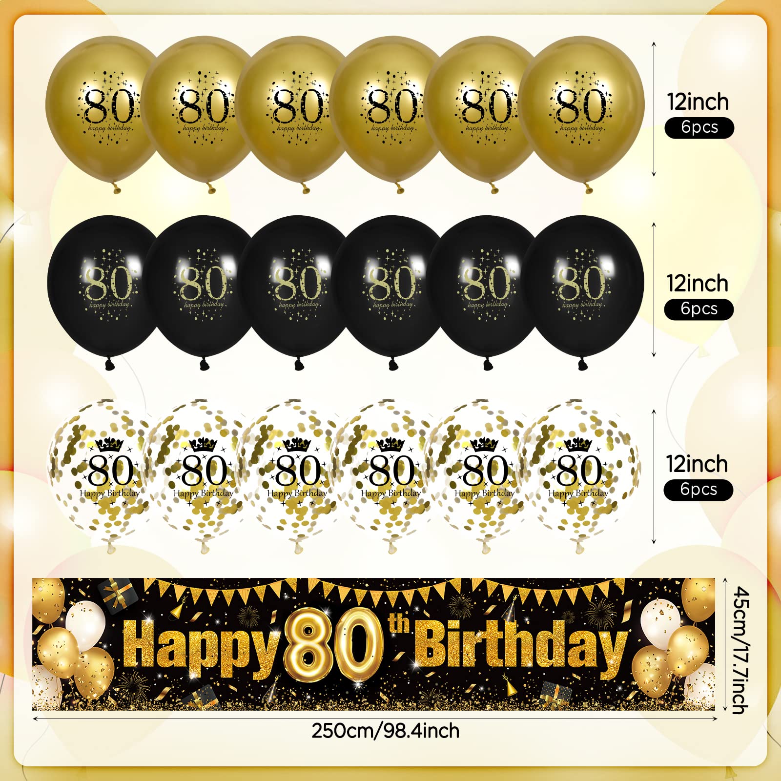 80th Birthday Decorations for Men Women Black and Gold, Black Gold Birthday Yard Banner Sign and 18 PCS 80th Happy Birthday Balloons for 80th Anniversary Birthday Party Supplies Outdoor Yard Decor