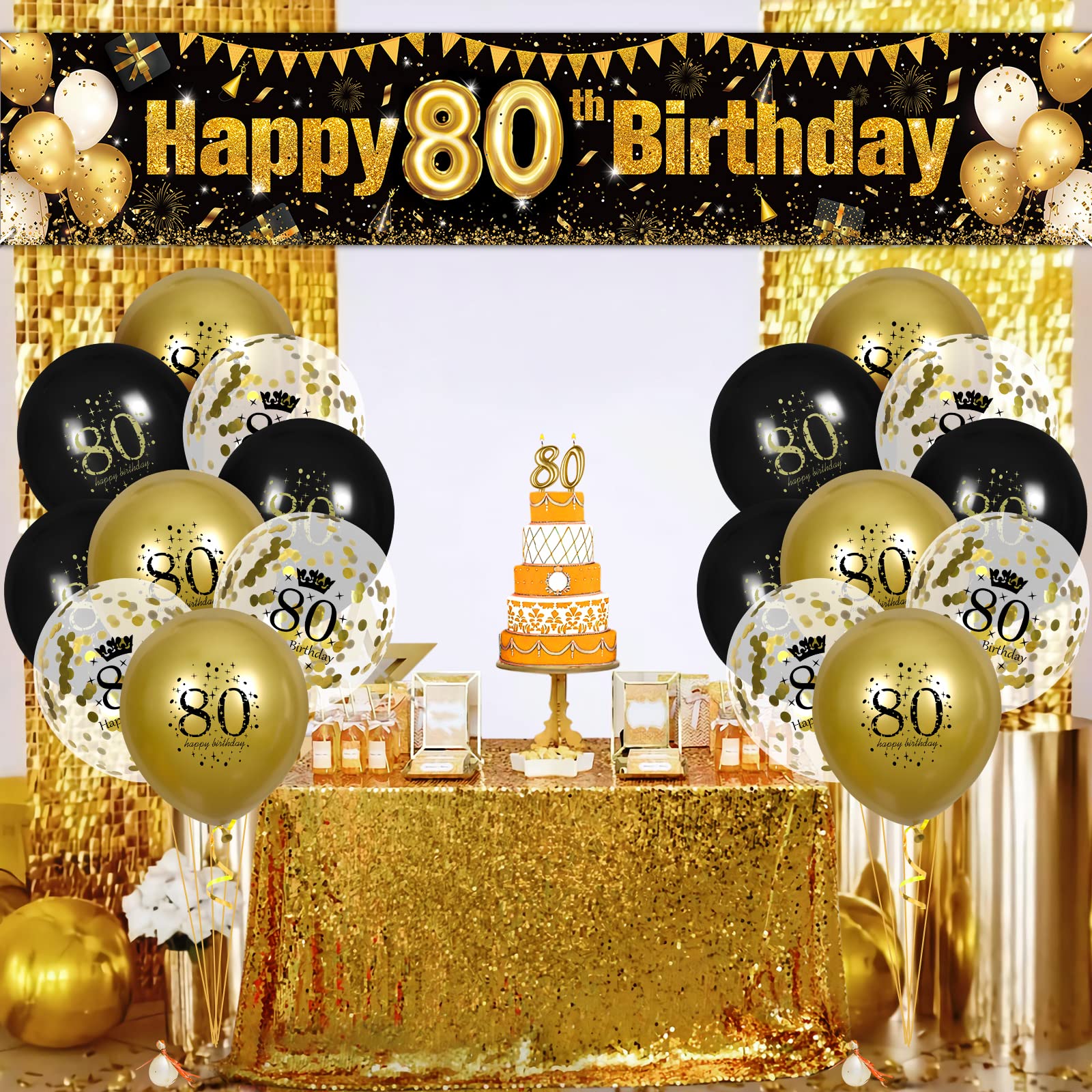 80th Birthday Decorations for Men Women Black and Gold, Black Gold Birthday Yard Banner Sign and 18 PCS 80th Happy Birthday Balloons for 80th Anniversary Birthday Party Supplies Outdoor Yard Decor