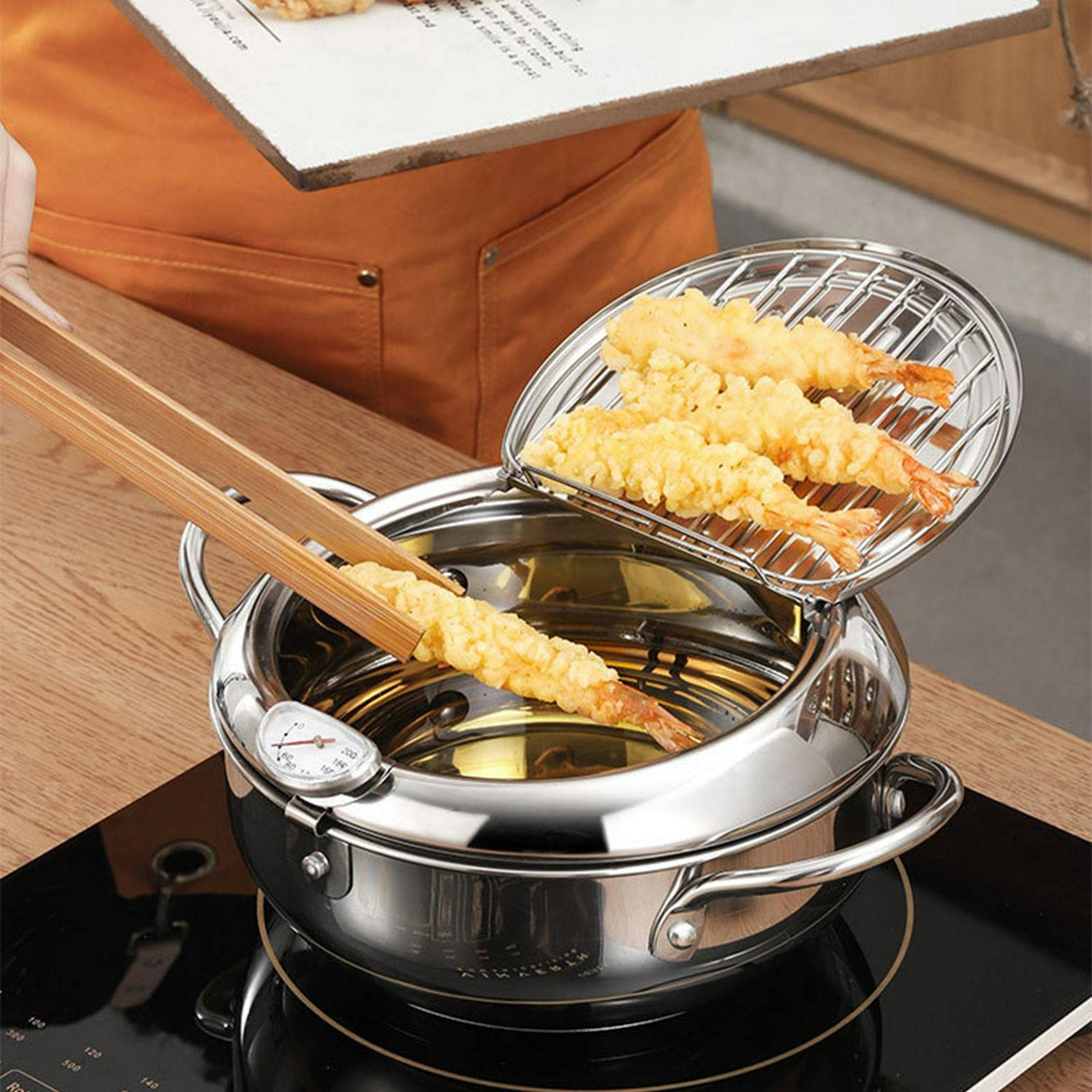 Janpanese Style Tempura Frying Pot with Lid,Stainless Steel Deep Fryer Pot with Temperature Control and Oil Drip Drainer Rack,Tempura Deep Fryer for Kitchen French Fries,Chicken etc