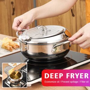 Janpanese Style Tempura Frying Pot with Lid,Stainless Steel Deep Fryer Pot with Temperature Control and Oil Drip Drainer Rack,Tempura Deep Fryer for Kitchen French Fries,Chicken etc