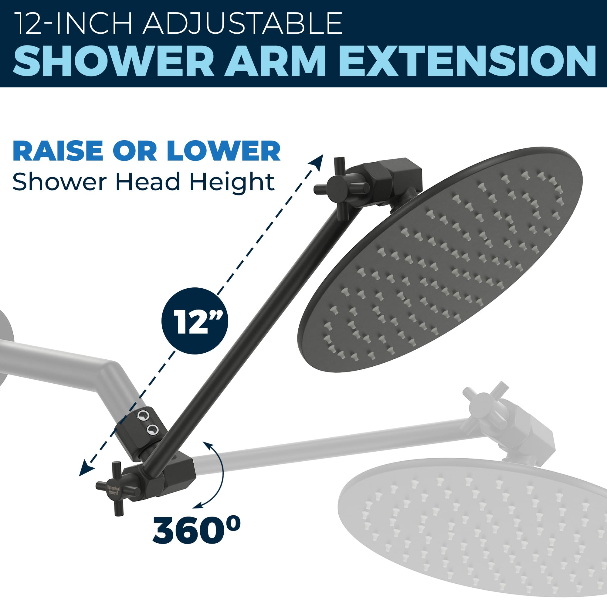 ALL METAL Shower Head Extension Arm – 12” – BRUSHED NICKEL - Solid Brass Shower Extension Arm with Deep-Locking Joints – Height Adjustable Shower Arm Extension for any Rain or Handheld Showerhead