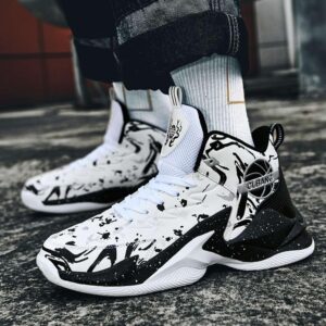 WELRUNG Men's Women's High Top Basketball Shoes Breathable Non Slip Outdoor Sneakers Fashion Shoes Black 8/6.5 US