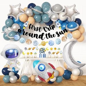 first trip around the sun birthday decorations- 74pcs outer space balloon garland kit with banner cake topper astronaut foil balloons for boy 1st first birthday baby shower space galaxy party supplies