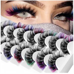 colored eyelashes mink lashes with color on end, fluffy colorful lash clusters, dramatic long thick cat fox eye lashes full curly false eyelash, 3d d curl salon extensions strip pack 7 pairs