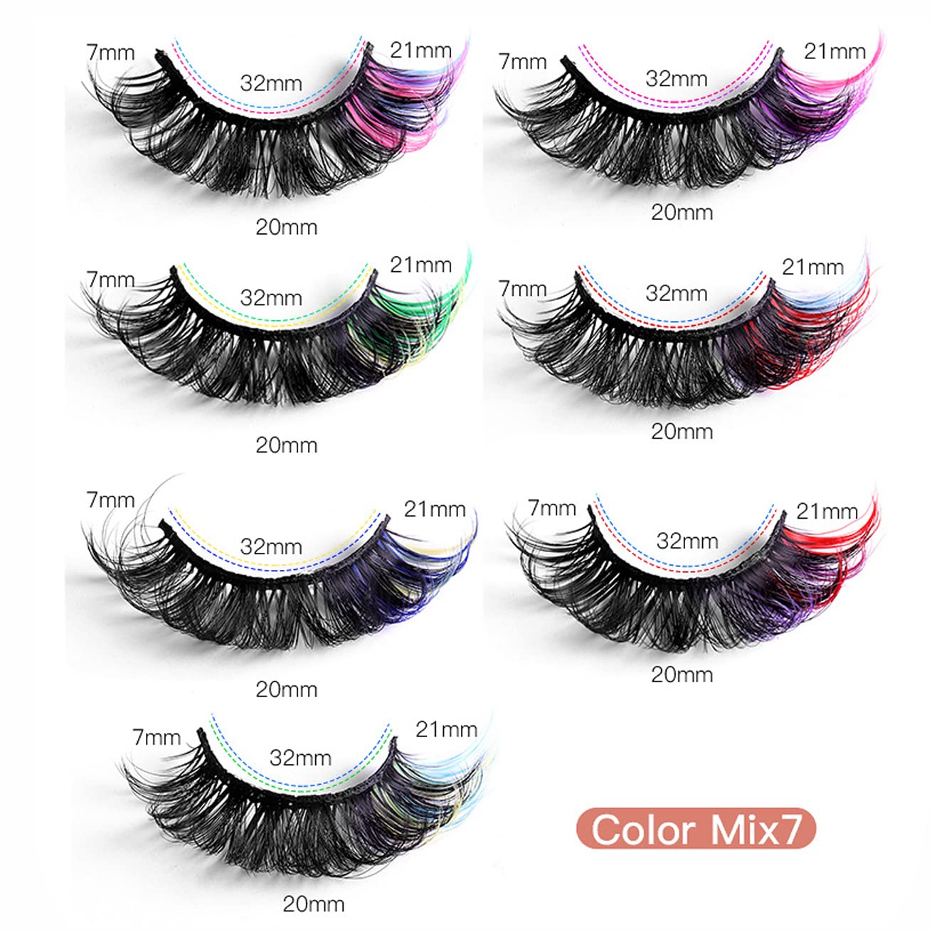 Colored Eyelashes Mink Lashes With Color on End, Fluffy Colorful Lash Clusters, Dramatic Long Thick Cat Fox Eye Lashes Full Curly False Eyelash, 3d D Curl Salon Extensions Strip Pack 7 Pairs