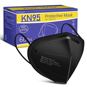 missaa kn95 face masks 60 pack, 5-ply breathable & comfortable cup dust safety mask, black kn95 mask, protection masks against pm2.5 for adult women and men