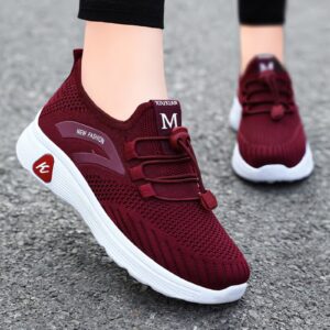 BLShaoJ Women Casual Daily Flat Heel Sneakers Shoes, Autumn and Winter Fashion Warm Round Toe Walk Run Non-Slip Sport Comfortable Lace Up Breathable Mesh Tennis Shoe Red