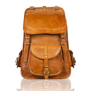 the charmika - vintage full grain 21 inch leather laptop large backpack casual bookbag daypack camping travel rucksack knapsack (tan brown)