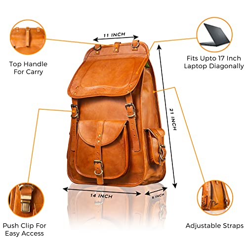 THE CHARMIKA - Vintage Full Grain 21 Inch Leather Laptop LARGE Backpack Casual Bookbag Daypack Camping Travel Rucksack Knapsack (Tan Brown)