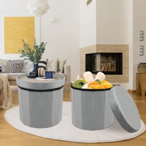 ACEHOME Round Storage Ottoman,Linen Folding Storage Ottoman with Tray,Small Footrest Stool,Coffee Table Top Cover,Toy Box Chest with Foam Padded Seat(Light Grey,2pcs)