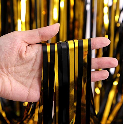 AILEXIBG 3.2 ft x 8.2 ft Metallic Tinsel Foil Fringe Curtains for Party Photo Backdrop Wedding Decor (2 Pack, Black Gold)