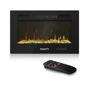 fogatti electric fireplace 30 inch wall mounted and recessed, rv electric fireplace, remote control with timer, fireplace heater, realistic 7 color flame, crystals & driftwood options