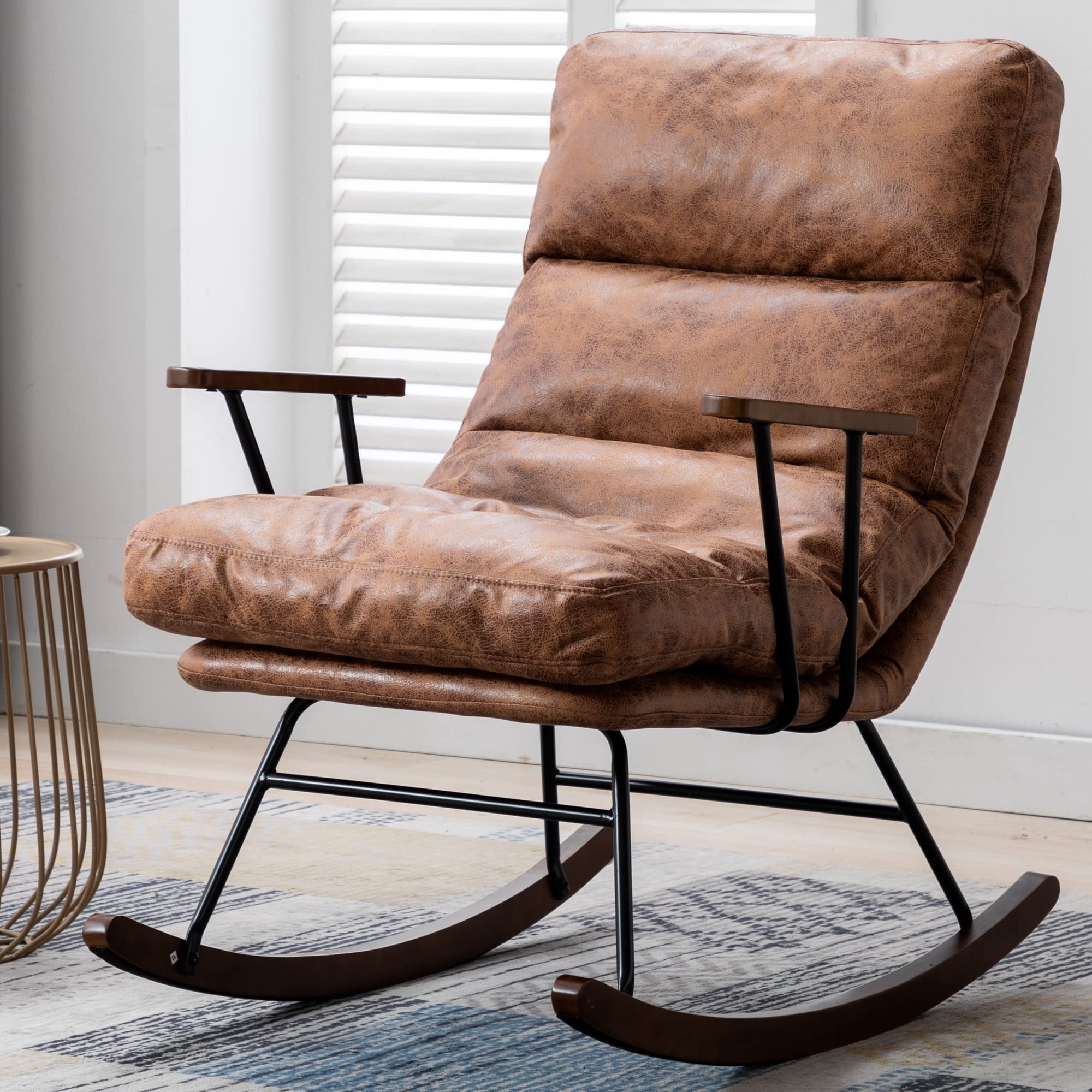 Rocking Chair Mid-Century Modern Nursery Rocking Armchair Glider, Comfy Side Chair for Living Room Bedroom, PU Leather Upholstered Rocker Glider, Brown