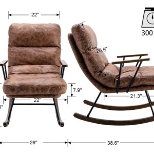 Rocking Chair Mid-Century Modern Nursery Rocking Armchair Glider, Comfy Side Chair for Living Room Bedroom, PU Leather Upholstered Rocker Glider, Brown