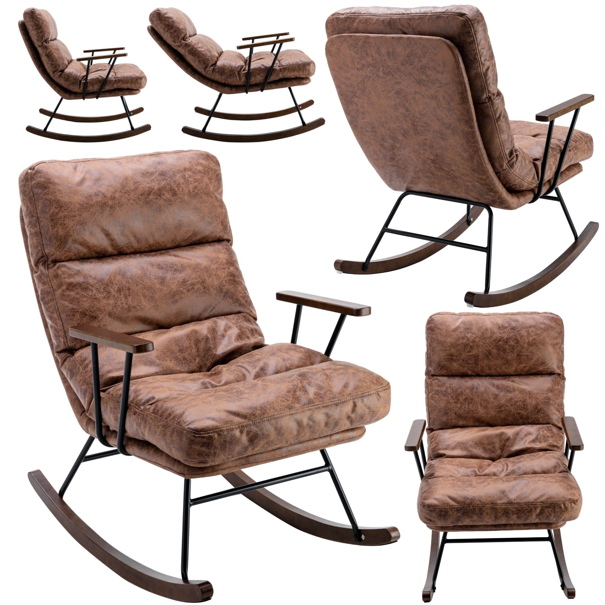 Rocking Chair Mid-Century Modern Nursery Rocking Armchair Glider, Comfy Side Chair for Living Room Bedroom, PU Leather Upholstered Rocker Glider, Brown