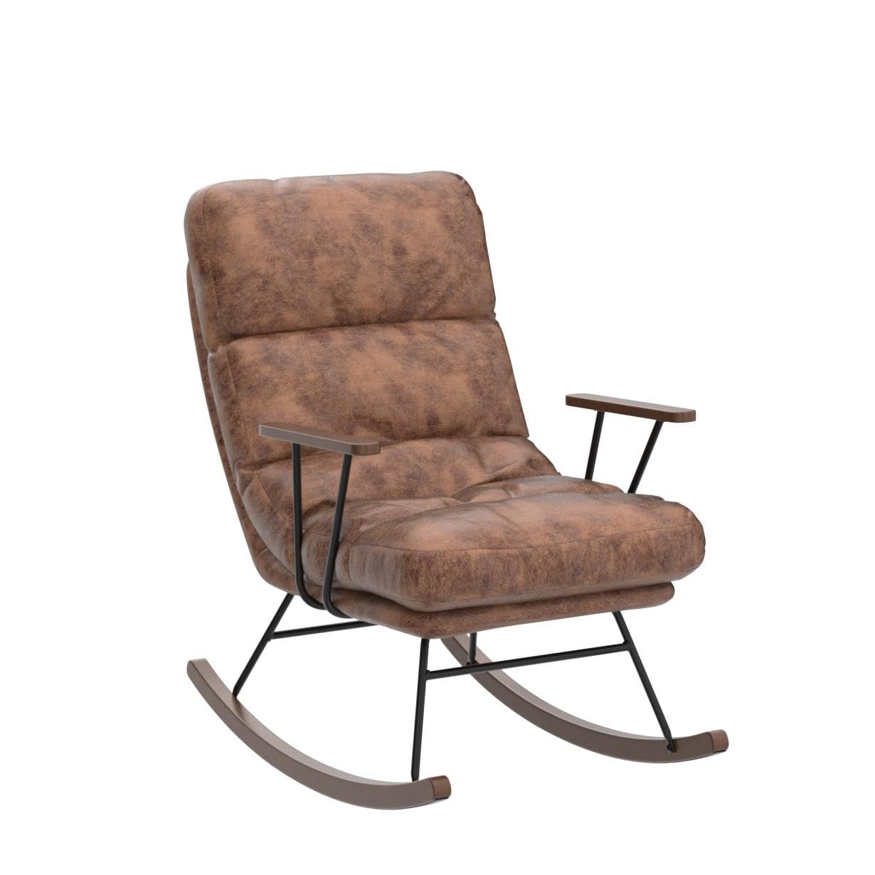 Rocking Chair Mid-Century Modern Nursery Rocking Armchair Glider, Comfy Side Chair for Living Room Bedroom, PU Leather Upholstered Rocker Glider, Brown