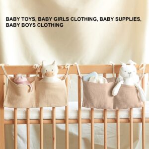 Baby Bed Hanging Bag, 2 Pockets Bag with Strap Infant Bedside Storage Bag for Toy Nursing Stuff (Khaki)