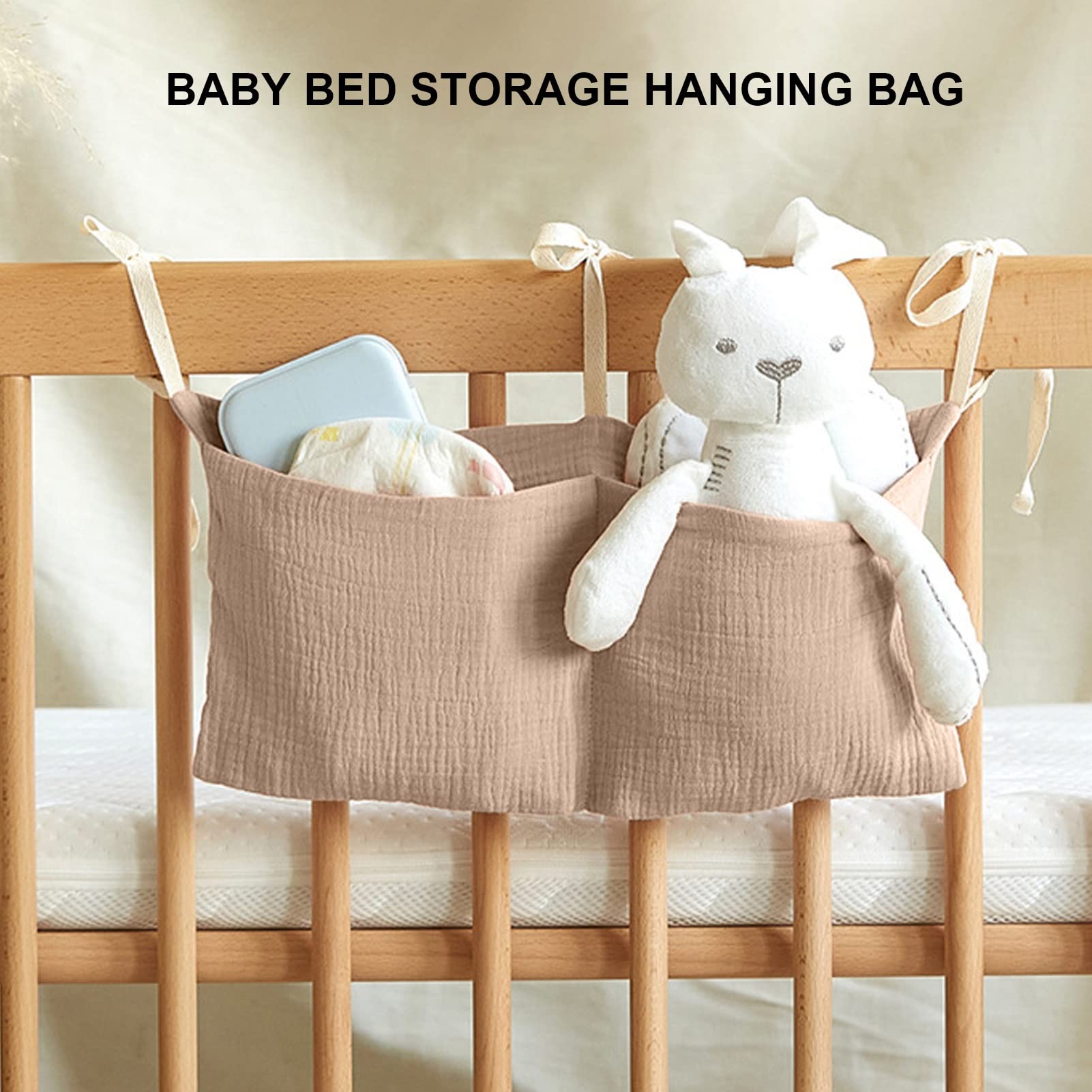 Baby Bed Hanging Bag, 2 Pockets Bag with Strap Infant Bedside Storage Bag for Toy Nursing Stuff (Khaki)