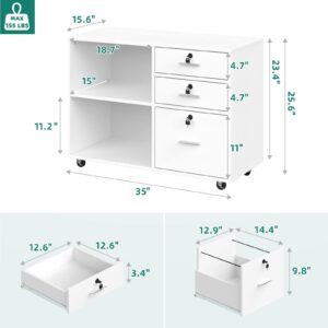 YITAHOME Wood File Cabinet, 3 Drawer Mobile Lateral Filing Cabinet, Storage Cabinet Printer Stand with 2 Open Shelves for Home Office Organization,White