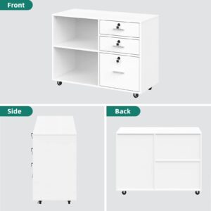 YITAHOME Wood File Cabinet, 3 Drawer Mobile Lateral Filing Cabinet, Storage Cabinet Printer Stand with 2 Open Shelves for Home Office Organization,White