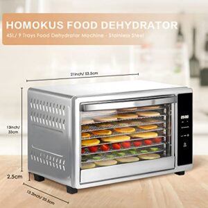 HOMOKUS Food Dehydrator 9 Stainless Steel Trays, Large Food Dehydrator Machine Usable Area up to 13.4ft², 650W Digital Touch Control Food Dryer Dehydrator with 24hrs Timer & up to 176℉ Temperature, Fruit Dehydrators for Food and Jerky, Dog Treats, Meat, V
