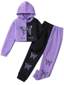 soly hux girl's 2 piece outfits color block butterfly print long sleeve hoodies sweatshirt tops and sweatpants set black and purple 11-12y