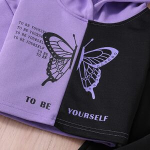 SOLY HUX Girl's 2 Piece Outfits Color Block Butterfly Print Long Sleeve Hoodies Sweatshirt Tops and Sweatpants Set Black and Purple 11-12Y