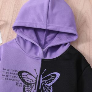 SOLY HUX Girl's 2 Piece Outfits Color Block Butterfly Print Long Sleeve Hoodies Sweatshirt Tops and Sweatpants Set Black and Purple 11-12Y