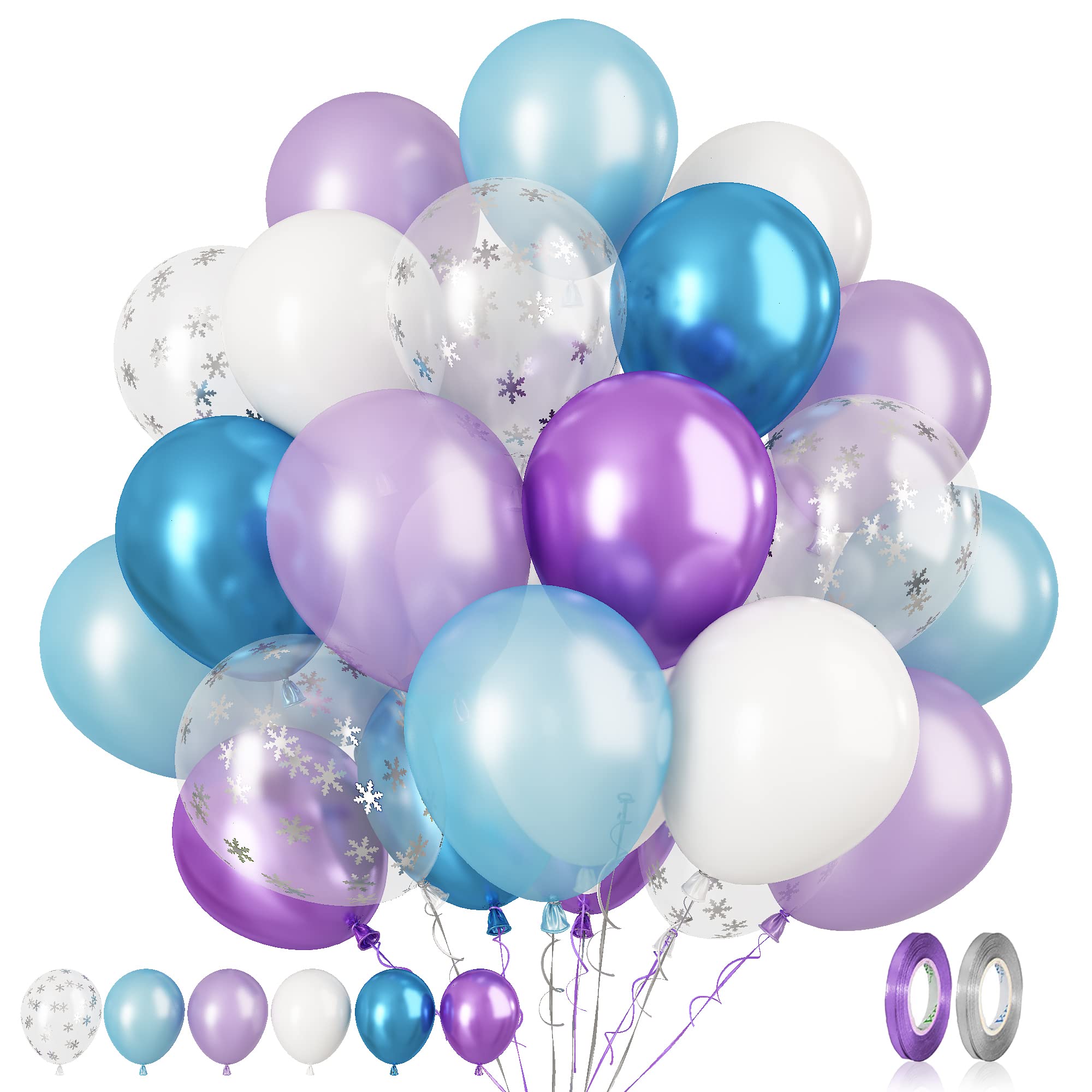 Paready Frozen Balloons, 60 Pcs 12 Inch Purple Blue Balloons White and Snow Confetti Latex Balloons for Girls Frozen Theme Party Supplies Ice Snow Theme Birthday Baby Shower Winter Party Decorations