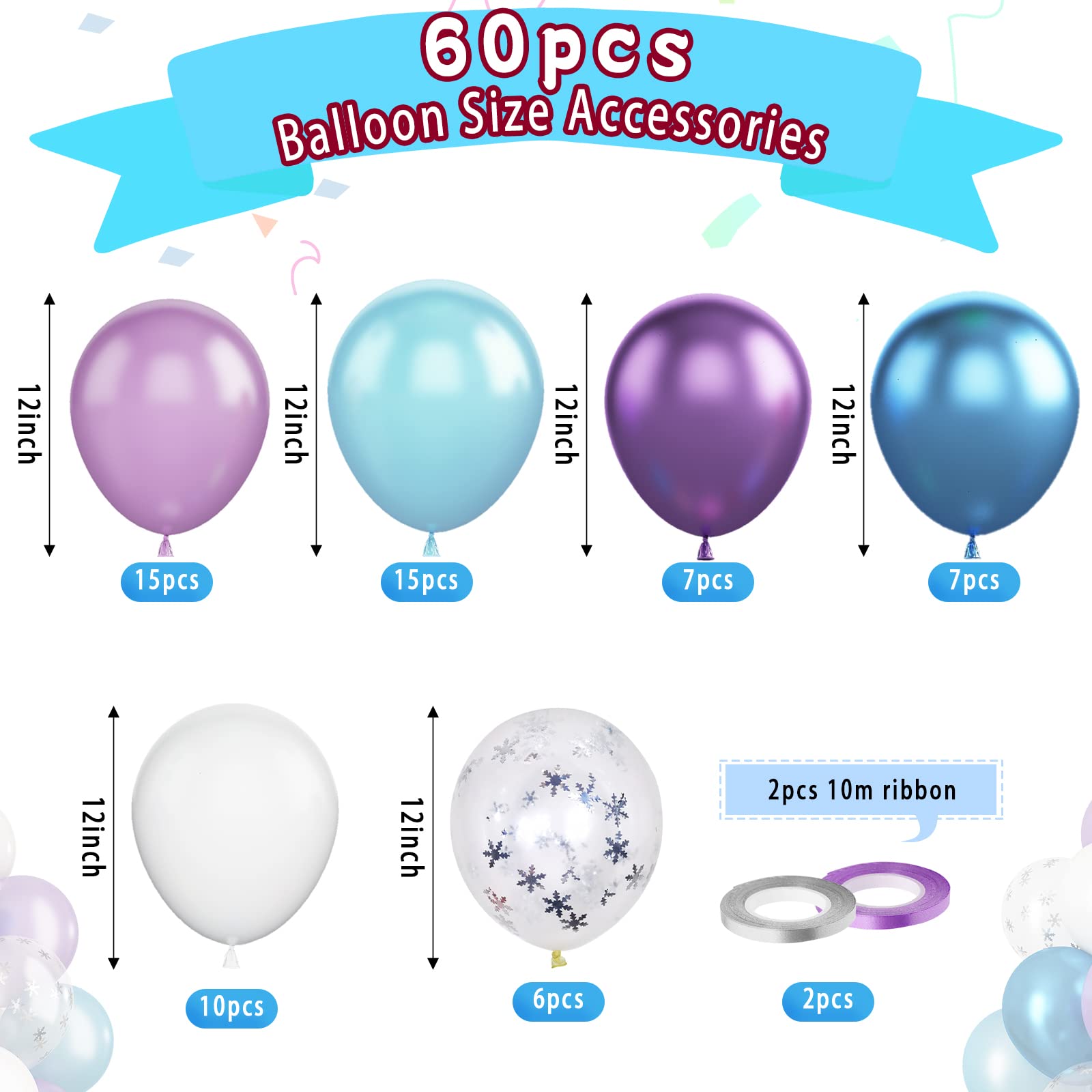 Paready Frozen Balloons, 60 Pcs 12 Inch Purple Blue Balloons White and Snow Confetti Latex Balloons for Girls Frozen Theme Party Supplies Ice Snow Theme Birthday Baby Shower Winter Party Decorations