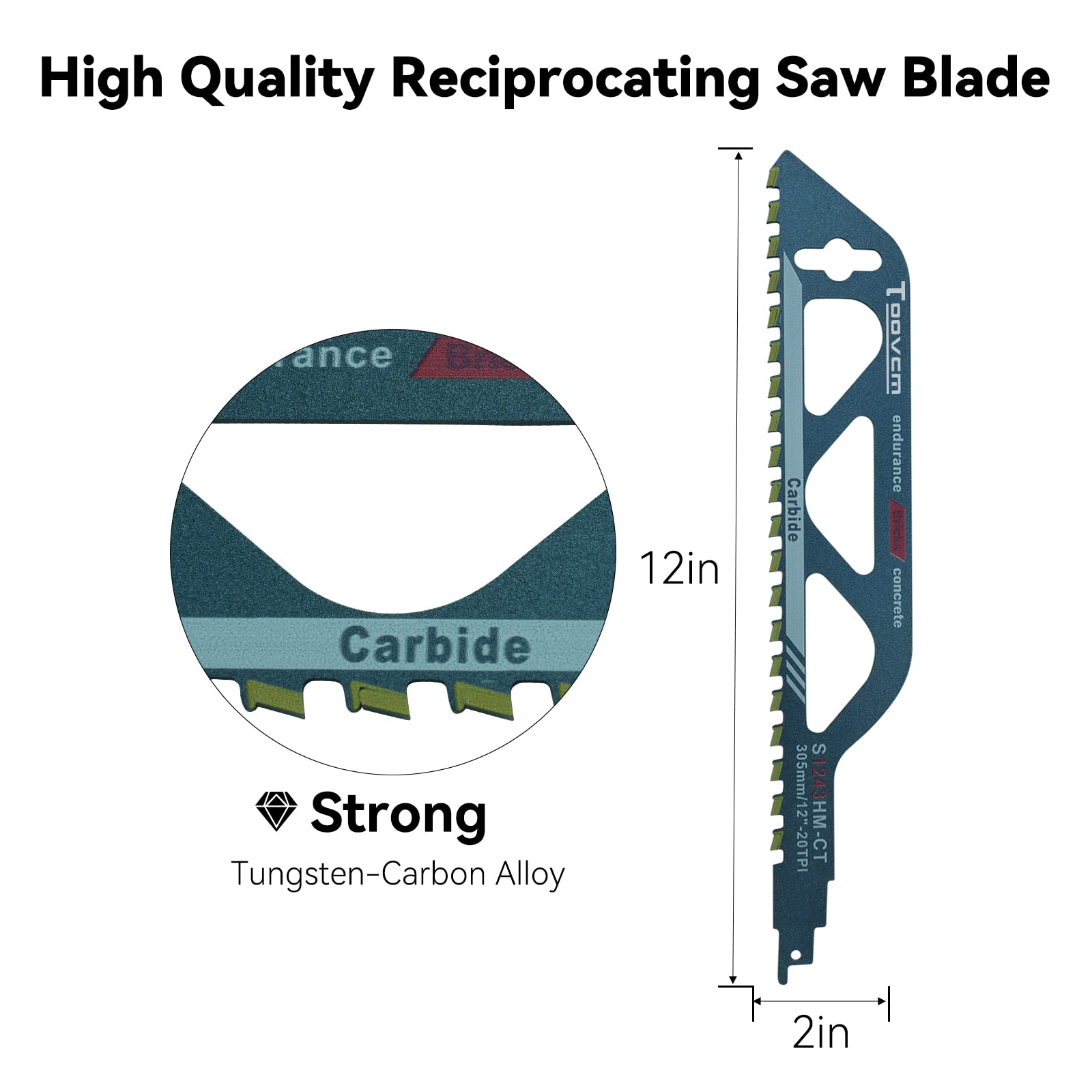 TOOVEM 2PCS Reciprocating Saw Blades,20 TPI Teeth Tipped Cutting Recip Saw Blade, Demolition Masonry Hard Alloy Saw Blades with High Strength for Cutting Wood,Hollow Cement Brick,Porous (12"12"/305mm)