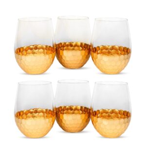 american atelier daphne stemless goblet | set of 6 | made of glass | gold honeycomb pattern | 18-ounce capacity | smooth rim red wine glasses | white wine tumblers