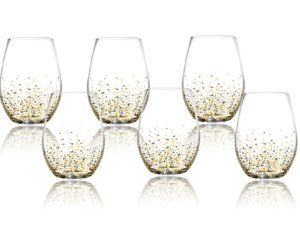 american atelier luster stemless goblet | set of 6 | made of glass | gold and silver confetti design | 18-ounce capacity | smooth rim red wine glasses | white wine tumblers