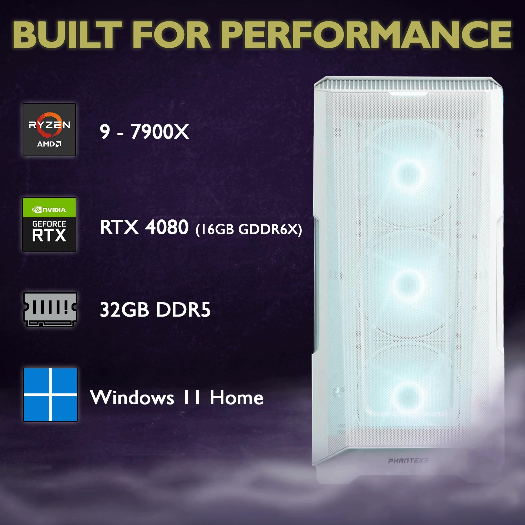 Cobratype Yuxa Immortal Desktop Gaming PC - AMD Ryzen 9 7900X, RTX 4080, 32 GB DDR5 RAM, 2 TB NVMe, AIO Liquid Cooler, Windows 11
