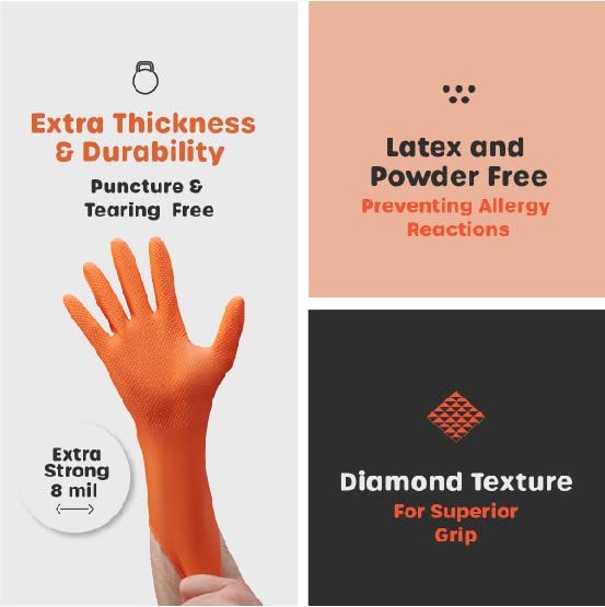 Comfy Package Large Orange Nitrile Heavy-Duty Gloves, Diamond Texture, Waterproof & Latex Free